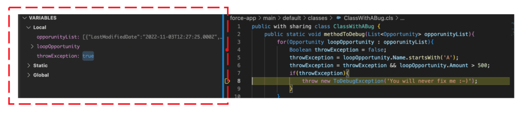 VS Code Apex debugger view