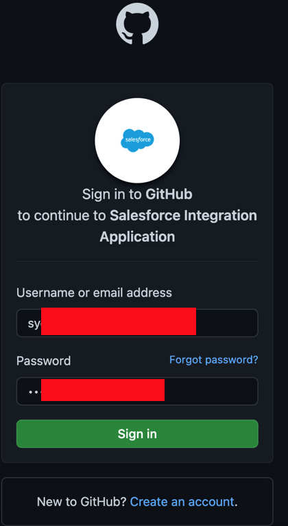 Enter your Github credentials to link Github and Salesforce devOps center