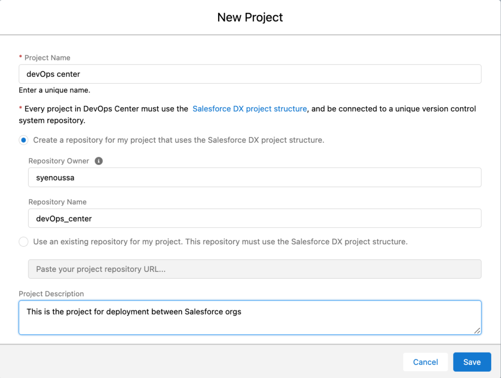 Create a new project in the Salesforce devOps center