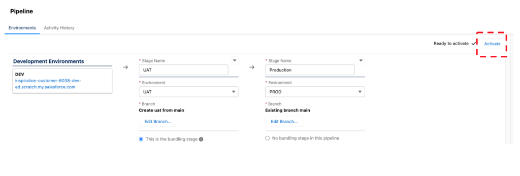 Salesforce devOps center: activate the pipeline
