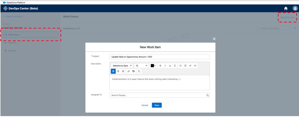 Create a new Work Item in the devOps center