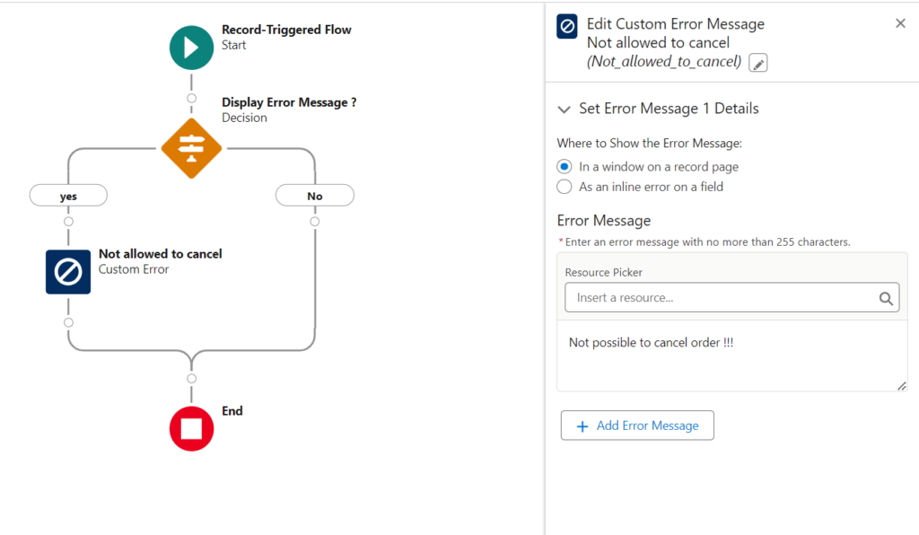 Add a custom error message in a Salesforce flow